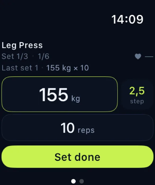 Watch mid set: Leg Press, set 1 of 3, 155 kg, 10 reps, and a Set done button.